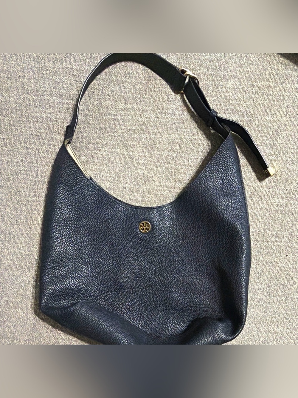 Tory Burch Black Pebbled Leather Shoulder Hobo with Gold Logo